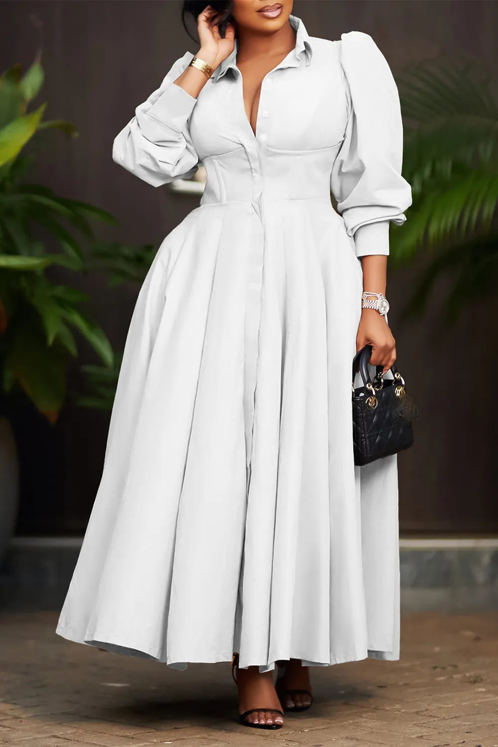 Collar Long Sleeve Cinch Waist Solid Color Maxi Shirt Dresses-Pink