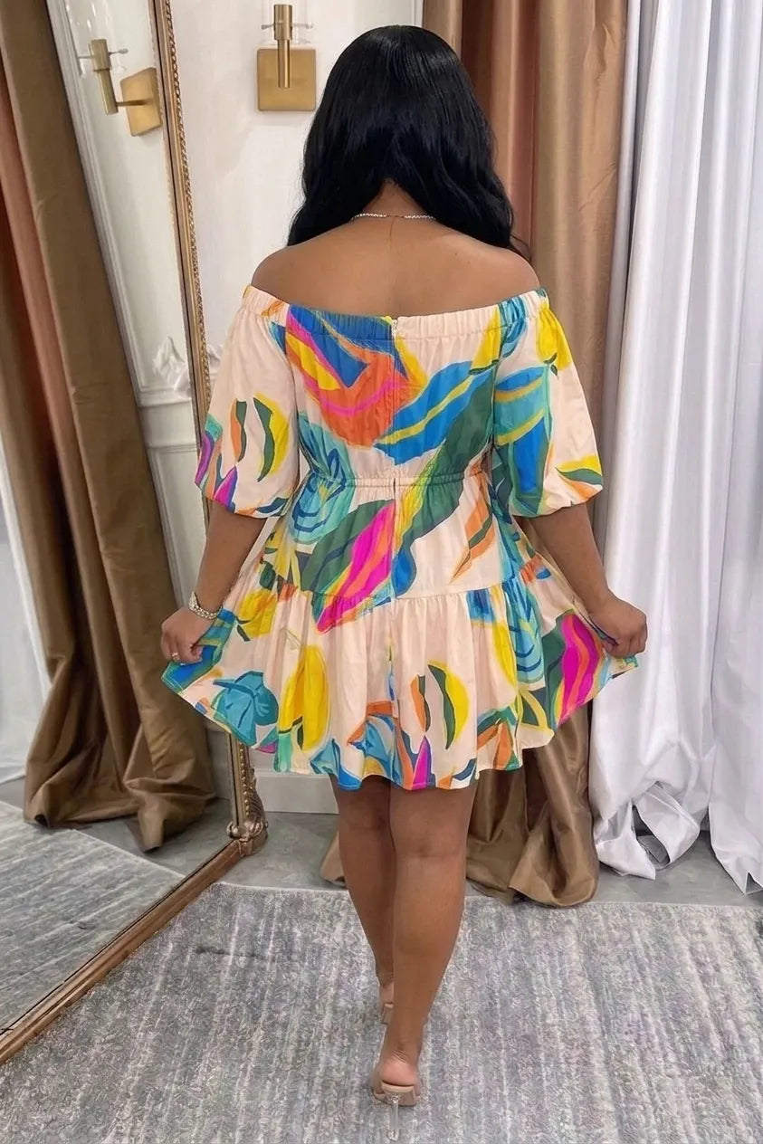 Boat Neck Puff Sleeve All Over Print Mini Dresses
