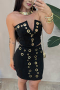 Metal Eyelet Strapless V Cut Crop Top Skinny Mini Skirt Casual 2pcs Set-Black
