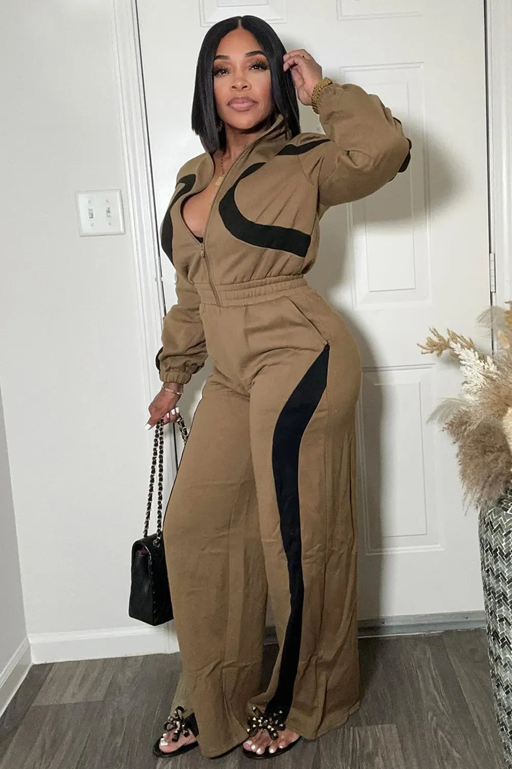 Stand-Up Collar Zip Up Long Sleeve Colorblock Wide Leg Casual Jumpsuit-Red