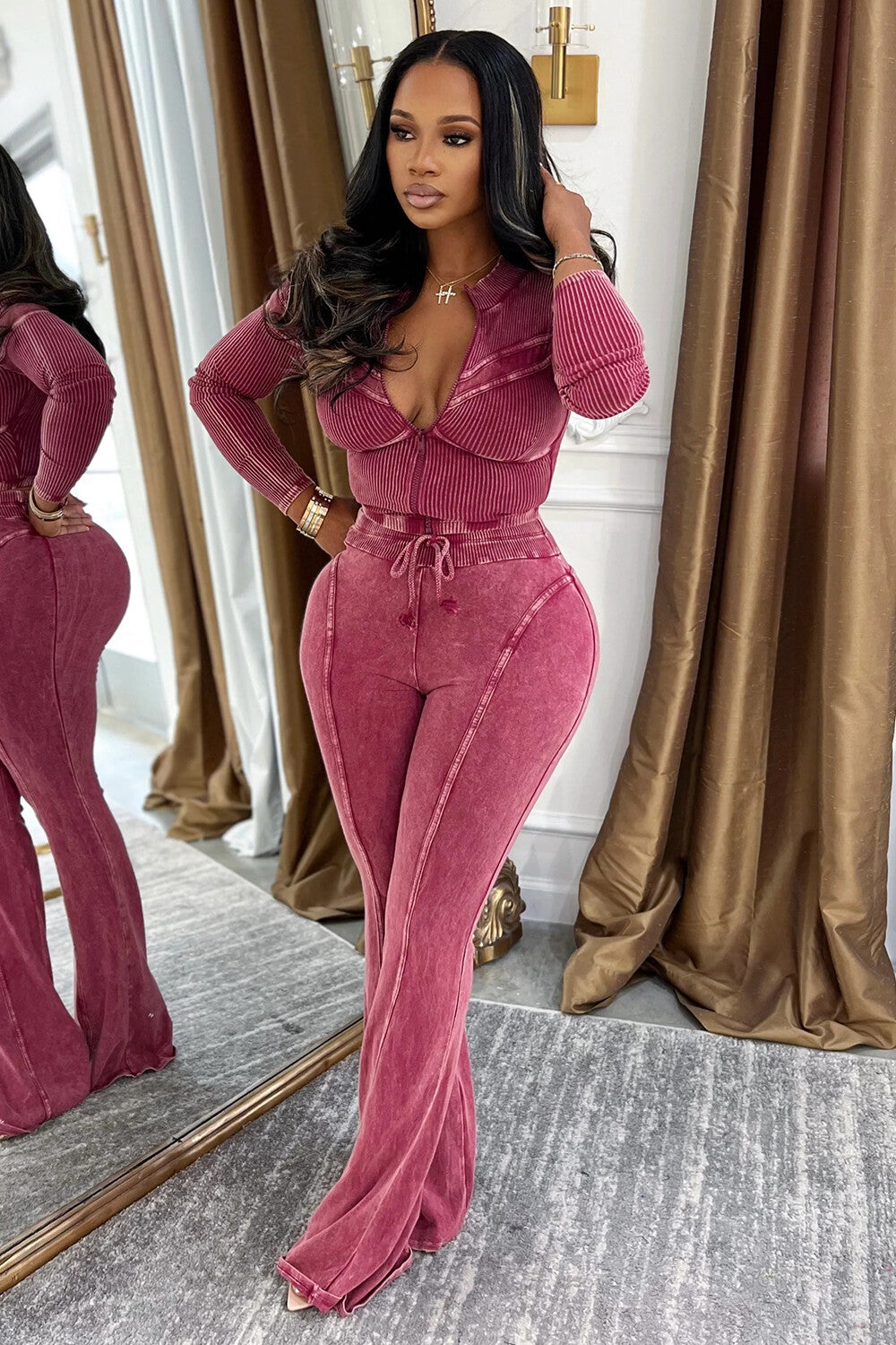 Long Sleeve Zipper Top Tie Up Bootcut Pants 2pcs Set-Brown