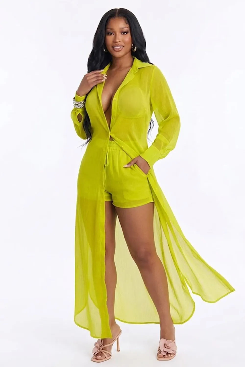 See Through Mesh Long Sleeve Button Slit Long Top Shorts 2pcs Set-Fuchsia