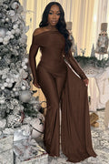 Solid Color Skew Neck Long Sleeve Ruffled Streamer Jumpsuit-Brown