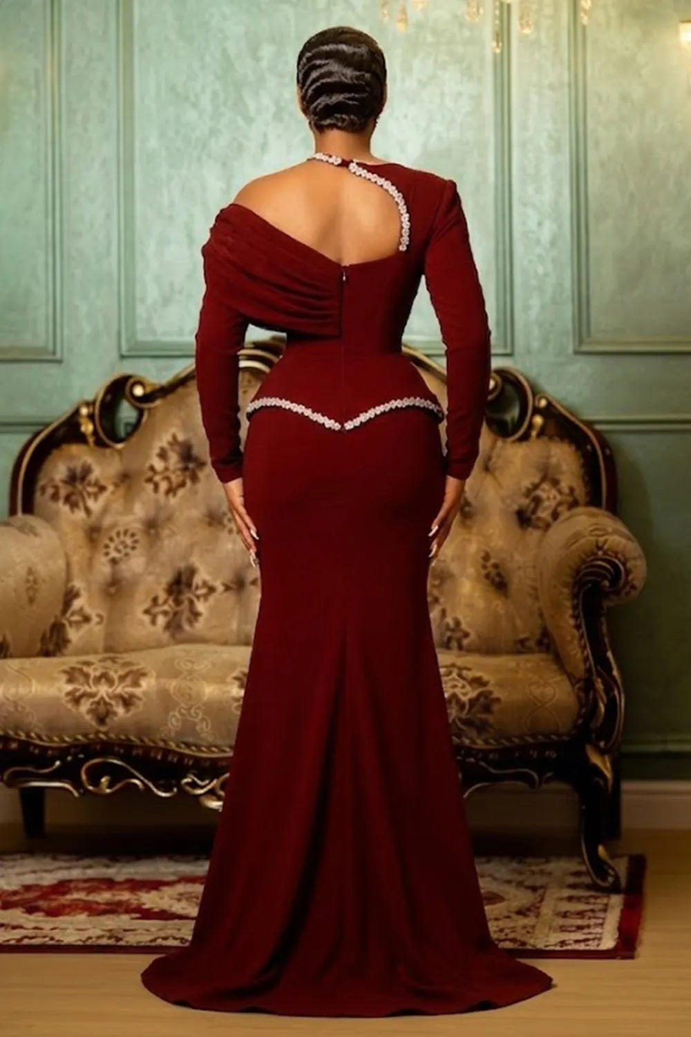 Off Shoulder Rhinestone Ruched Cinch Waist Maxi Dresses-Burgundy