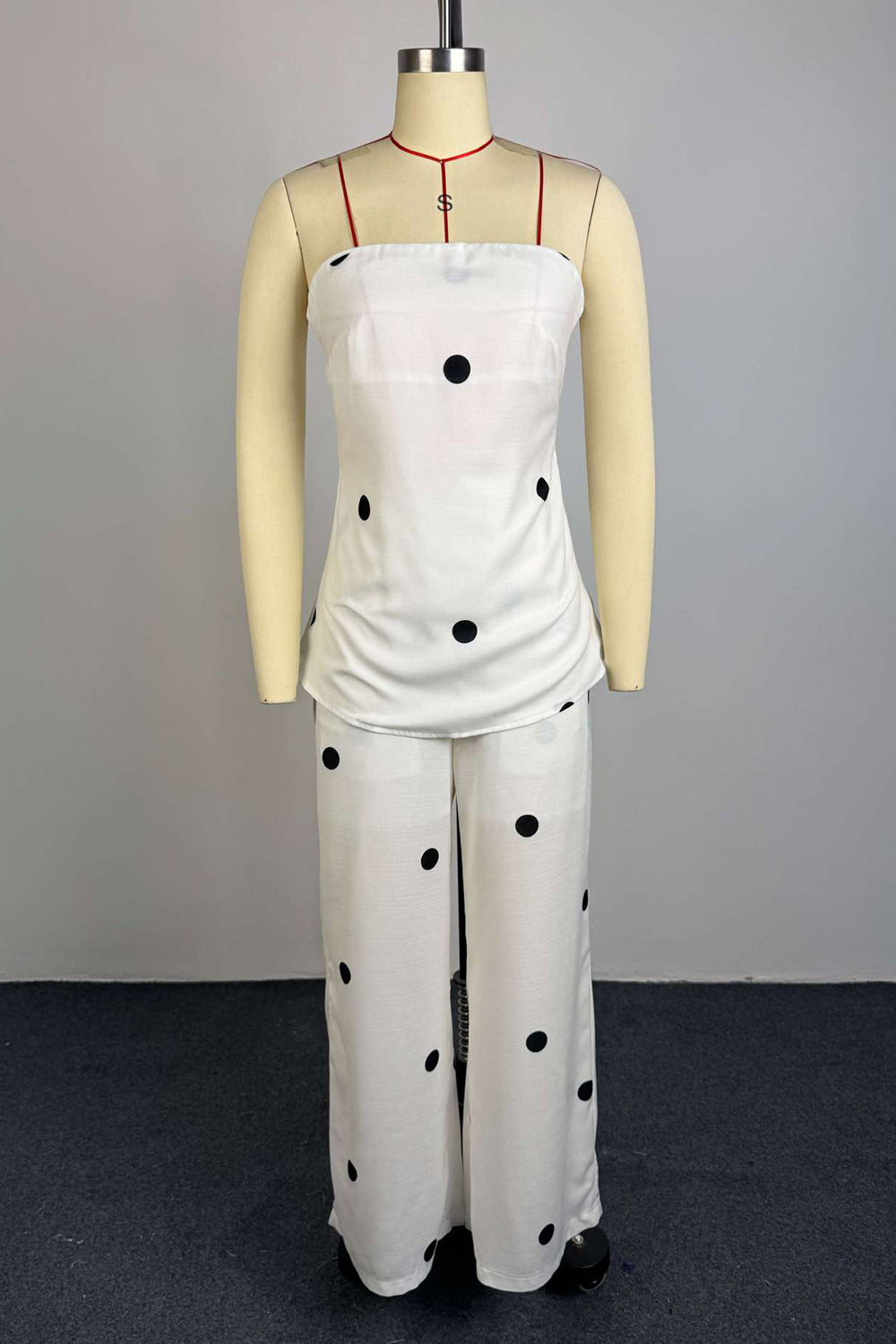 Polka Dot Strapless Back Zipper Slit Top Wide Leg Pants Casual 2pcs Set-White