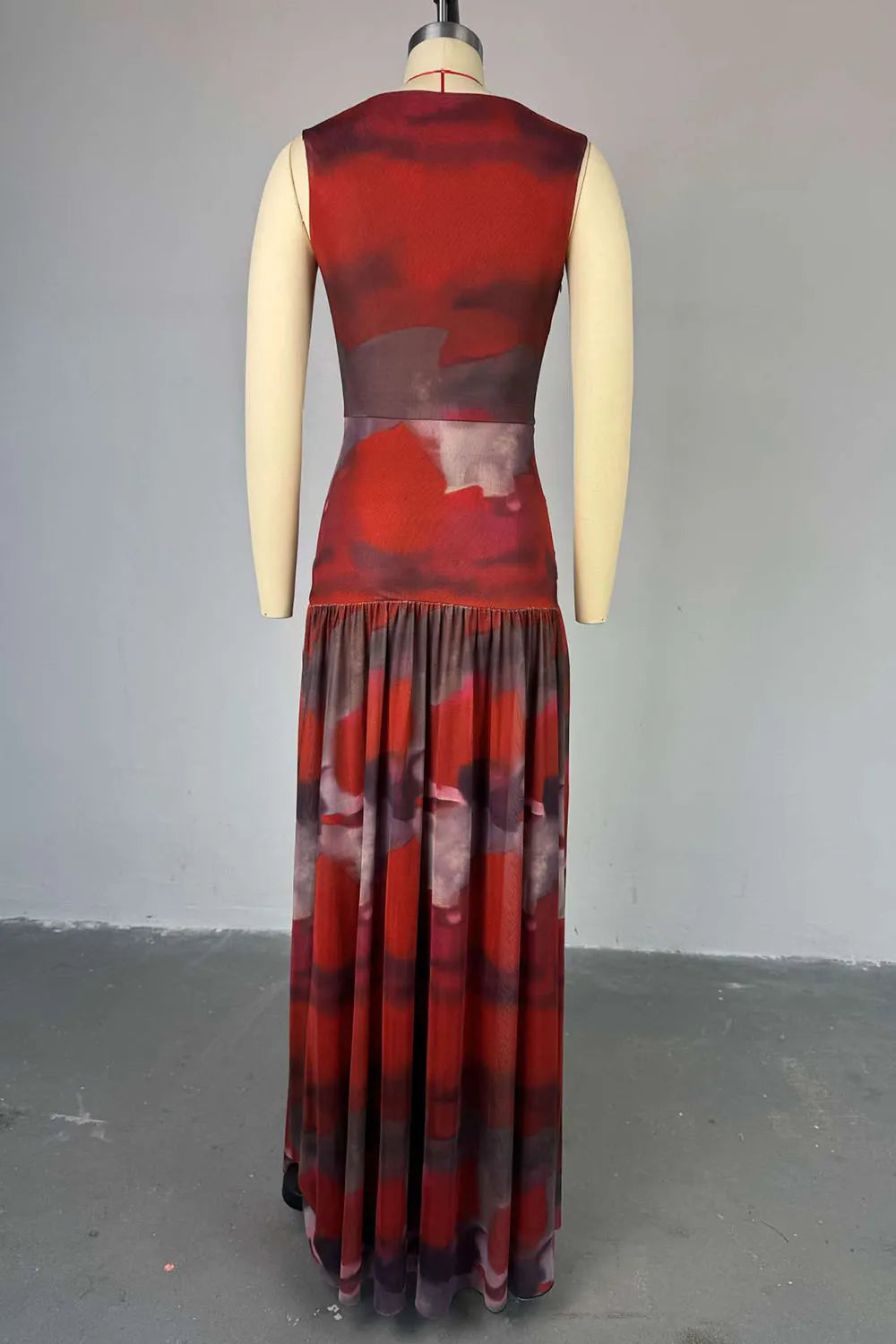 Twisted Decor Dropped Waist Print Patchwork Sleeveless Maxi Dresses-Red