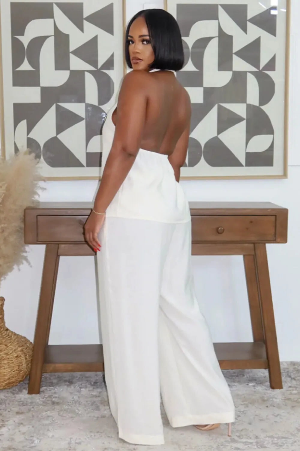 Halter Neck Single Breasted Top Wide Leg Pants 2pcs Set-White