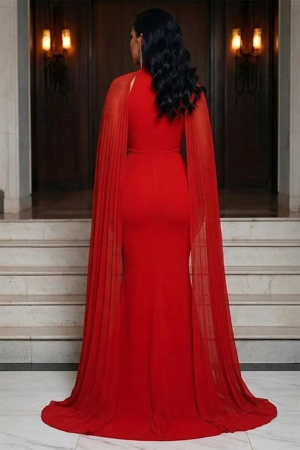 Mock Neck Cape Drape Cinch Waist Ruched Mermaid Maxi Dresses-Red