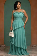 Ruffle Pleated Spaghetti Strap Vacation Maxi Dresses-Turquoise