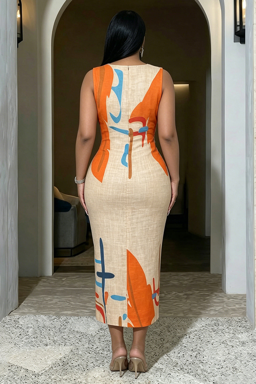 Round Neck Sleeveless Abstract Print Casual Maxi Dresses-Beige