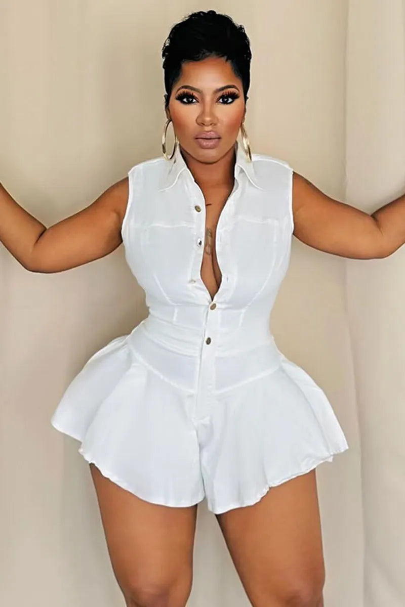 Button Up Cinch Waist Sleeveless Daily Romper Playsuit-White