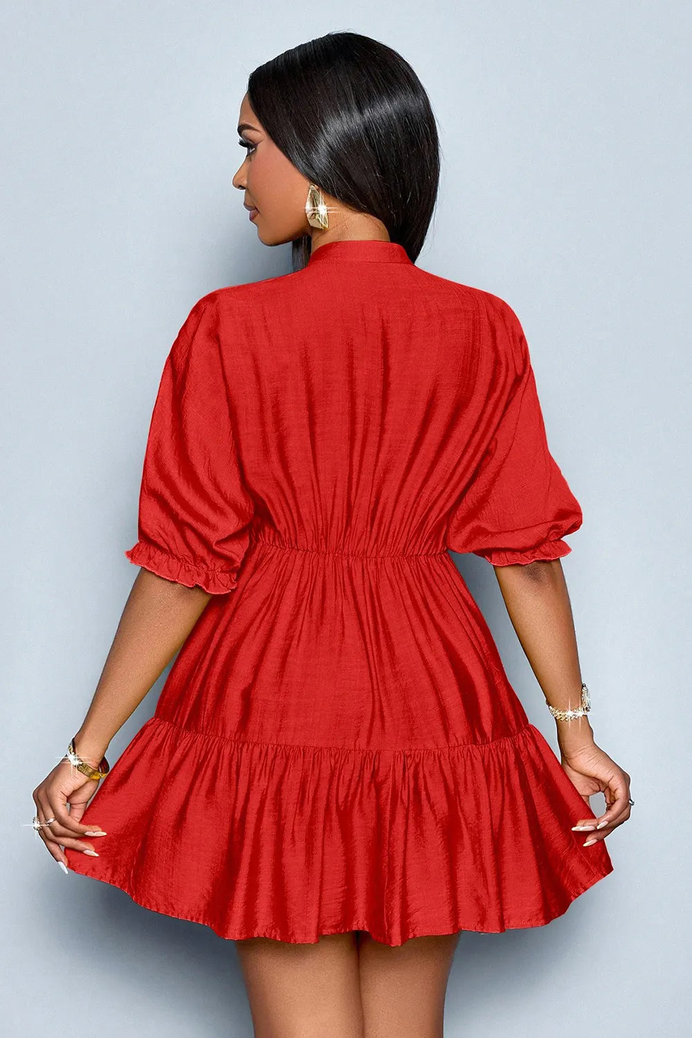 Solid Color Deep V Neck Puff Half Sleeve Tiered Party Mini Dresses-Blue