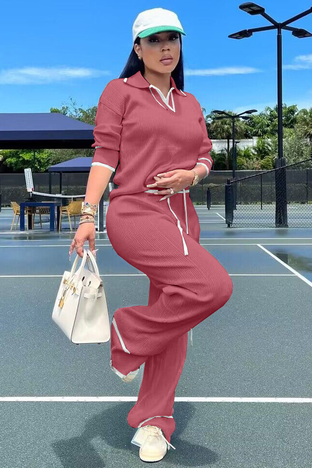 Knit  Collar Long Sleeve Top Straight Leg Casual Pants Matching Set