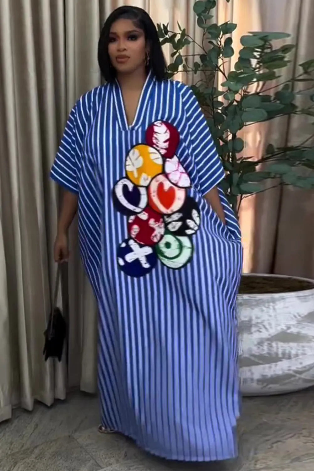 V Neck Half Sleeve Striped Graphic Print Loose Maxi Dresses-Blue