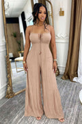 Cami Neck High Waist Solid Color Wide Leg Casual Jumpsuit-Brown