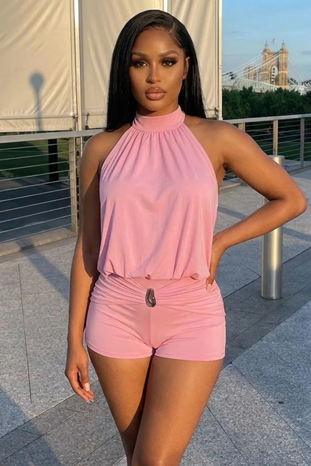 Halter Neck Sleeveless Backless Metal Decor Solid Color Romper Playsuit-Pink