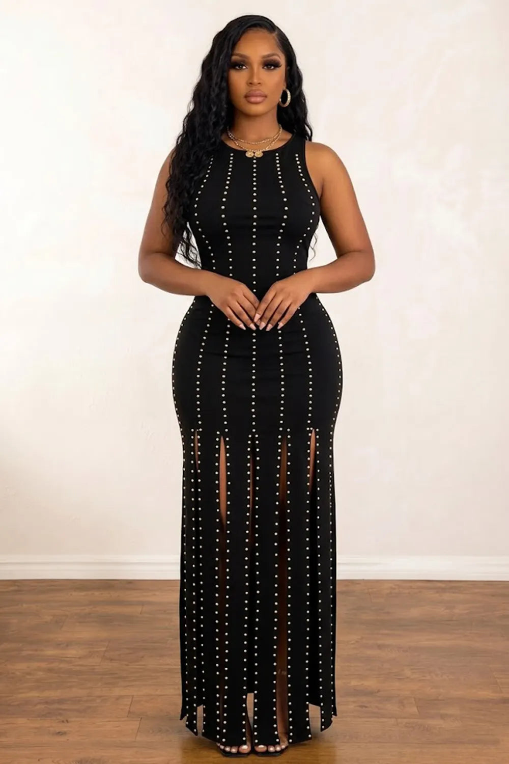 Round Neck Sleeveless Studded Multi Front Slit Party Maxi Dresses-Black