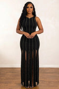 Round Neck Sleeveless Studded Multi Front Slit Party Maxi Dresses-Black