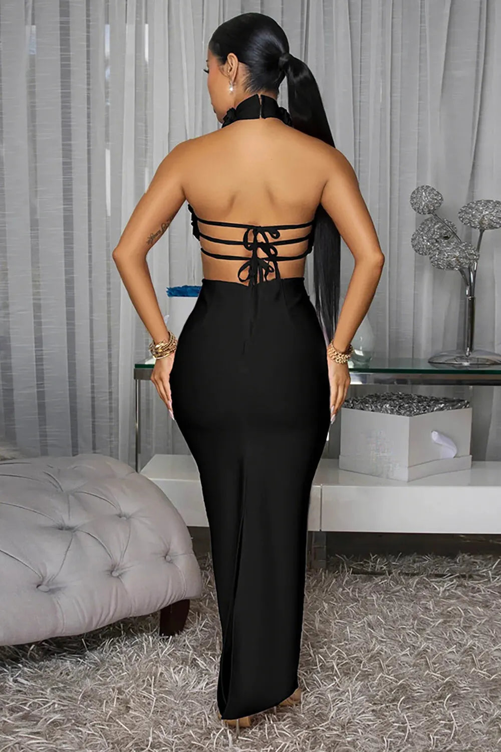 3D Flower Decor High Collar Open Back Bodycon Party Maxi Dresses-Red