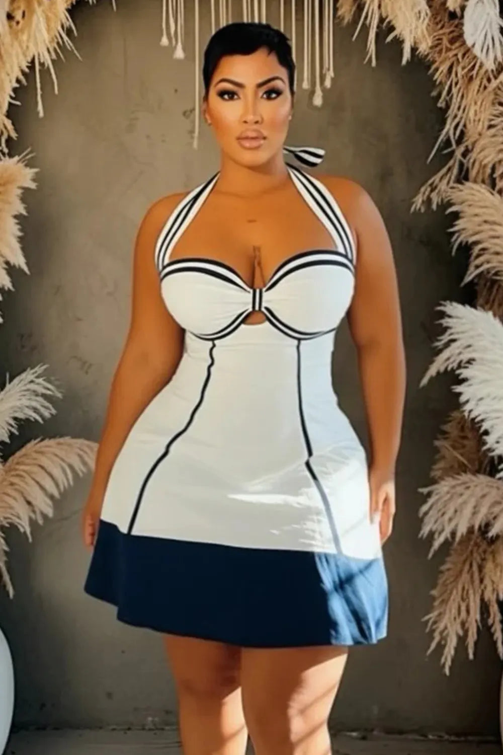 Halter Neck Colorblock A-Line Casual Mini Dresses-White