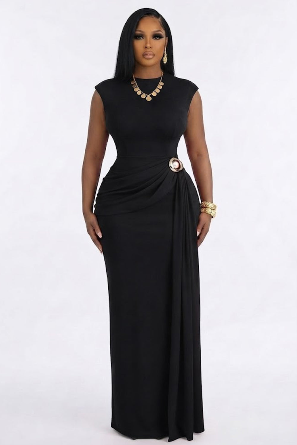 Round Neck Sleeveless Cinch Waist Side Metal Buckle Sash Maxi Dresses-Black