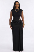 Round Neck Sleeveless Cinch Waist Side Metal Buckle Sash Maxi Dresses-Black