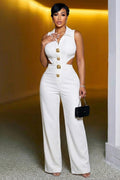 Collar Sleeveless Cut Out Slim Casual Jumpsuit-White