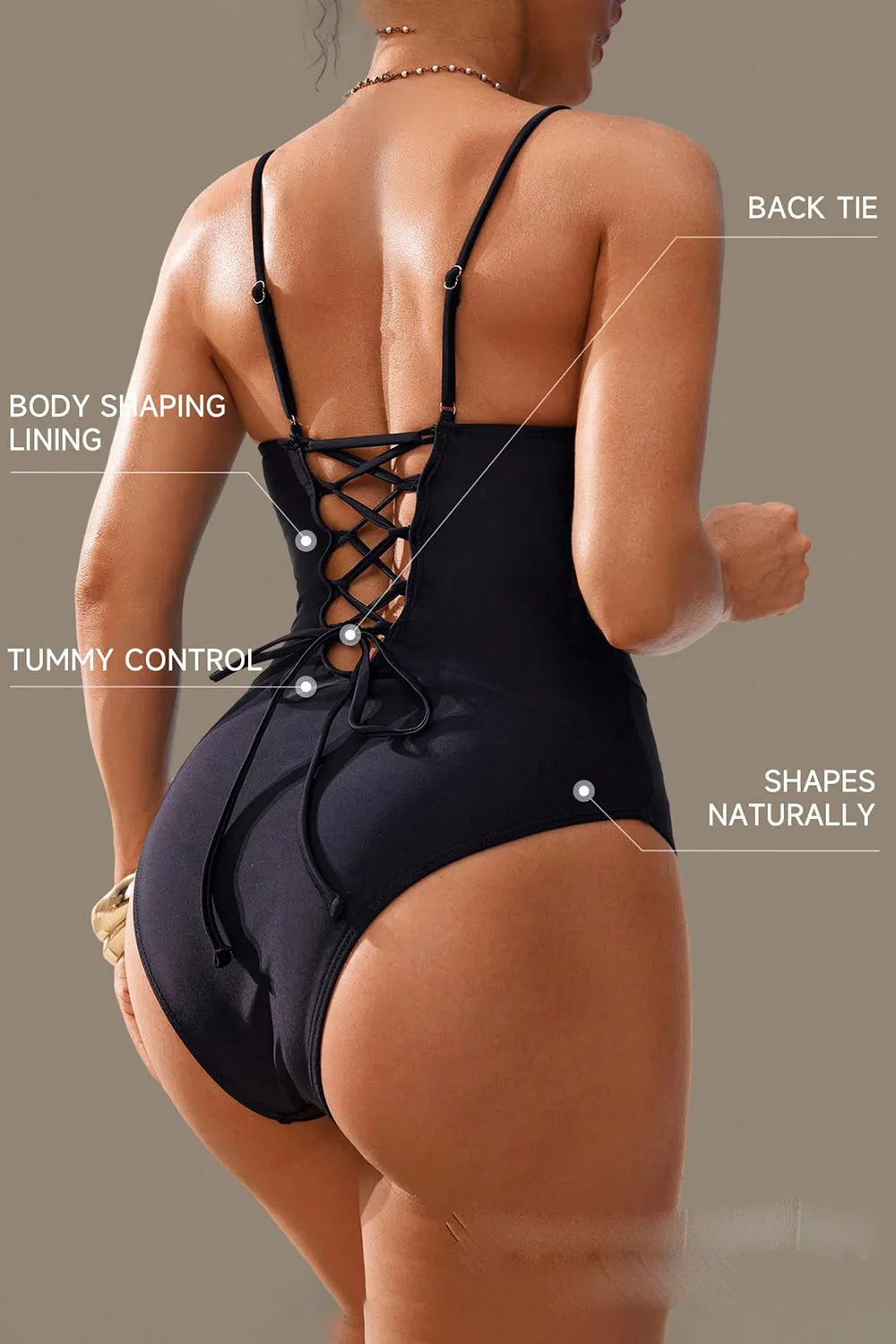 Cami Deep V Neck Back Lace Up Solid Color Beach One Piece Swimsuit-Black