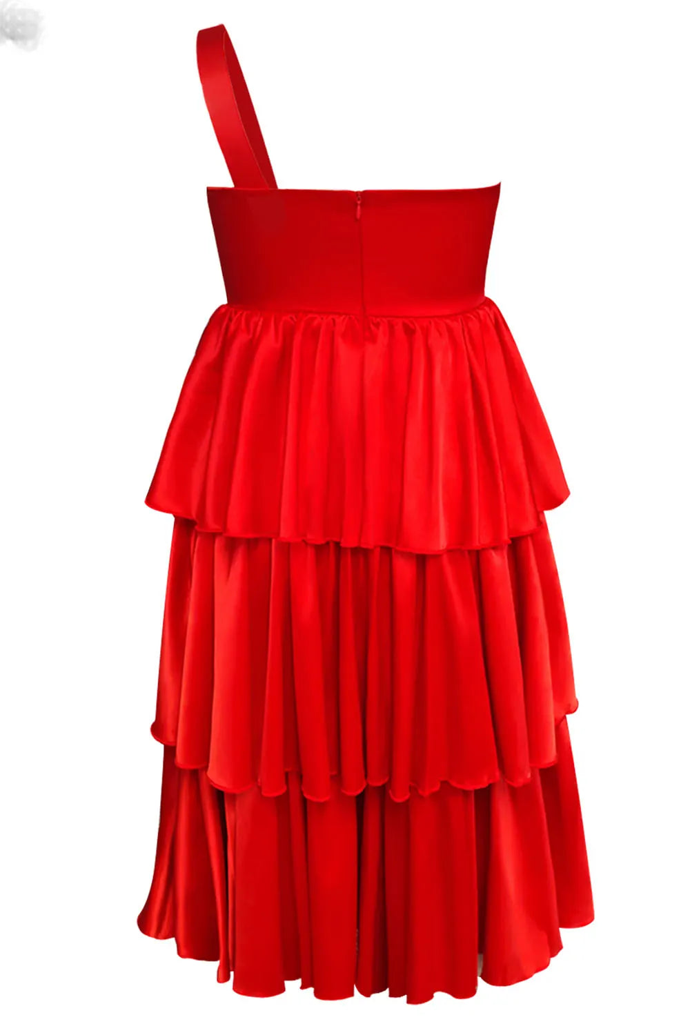 One Shoulder Cinch Waist Layered Ruffles Party Midi Dresses-Red