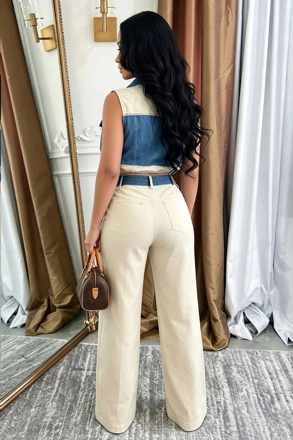 Collar Denim Patchwork Top Wide Leg Pants 2pcs Set-Beige