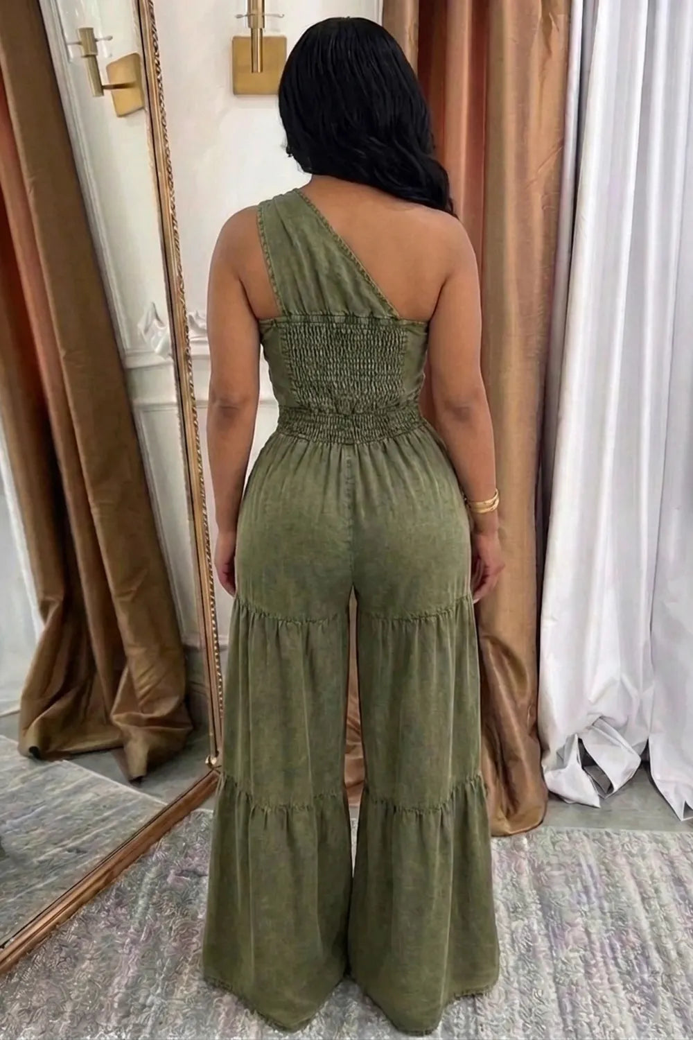 One Shoulder Sleeveless Smocking Wide Leg Casual Jumpsuit-Green