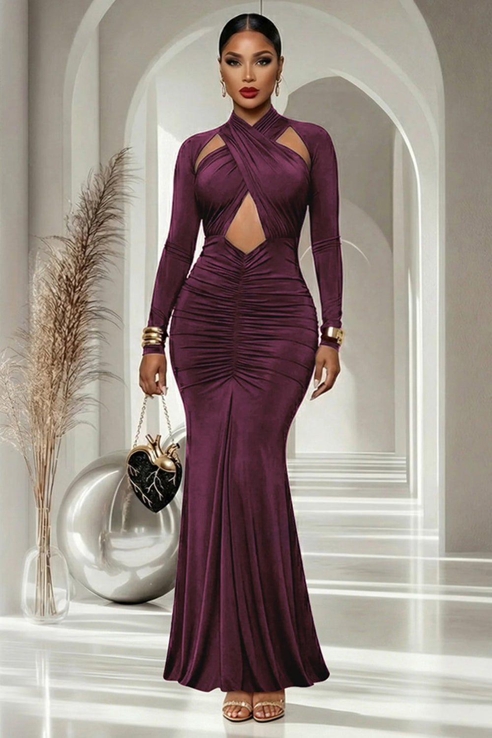 Cross Strap Front Cut Out Ruched Mermaid Evening Gowns Maxi Dresses-Burgundy