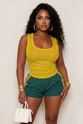 U Neck Mesh Tank Top Contrast Piping Shorts Slim Fit Casual 2pcs Set-Yellow