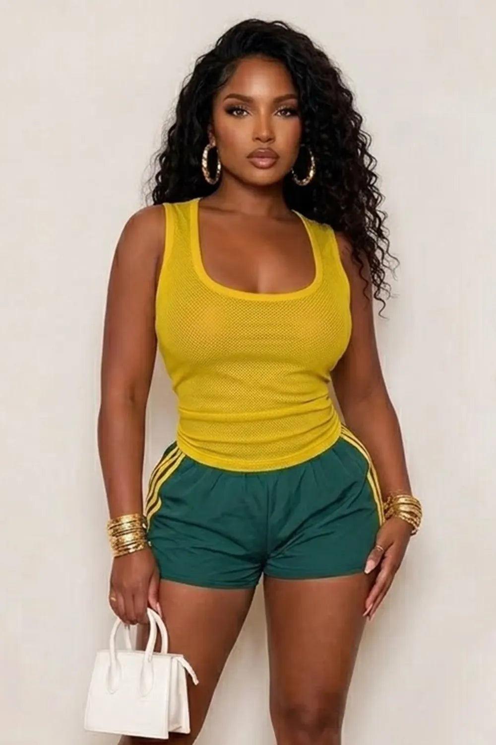 U Neck Mesh Tank Top Contrast Piping Shorts Slim Fit Casual 2pcs Set-Yellow