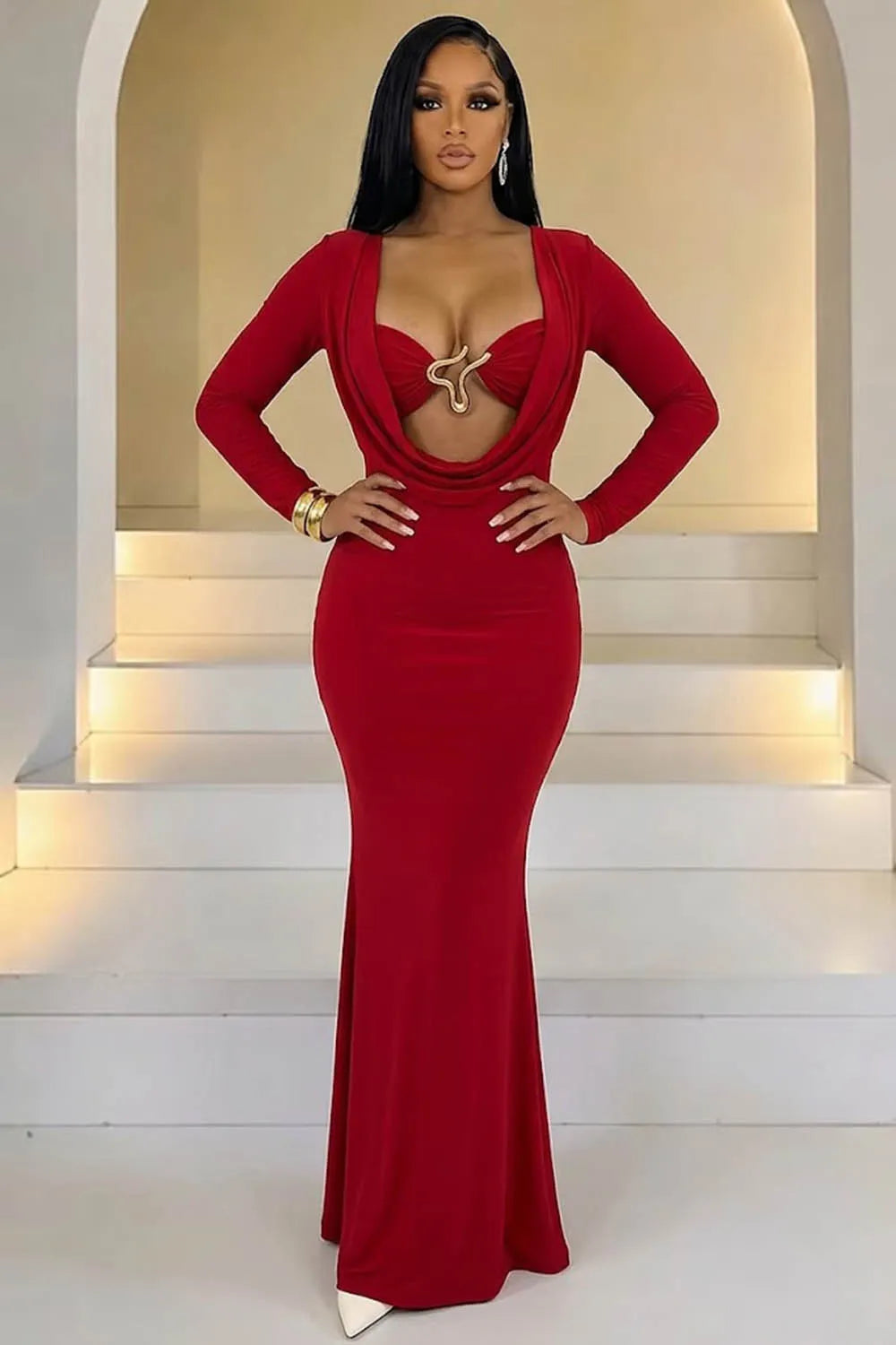 Cowl Neck Metal Decor Long Sleeve Cinch Waist Maxi Dresses-Red