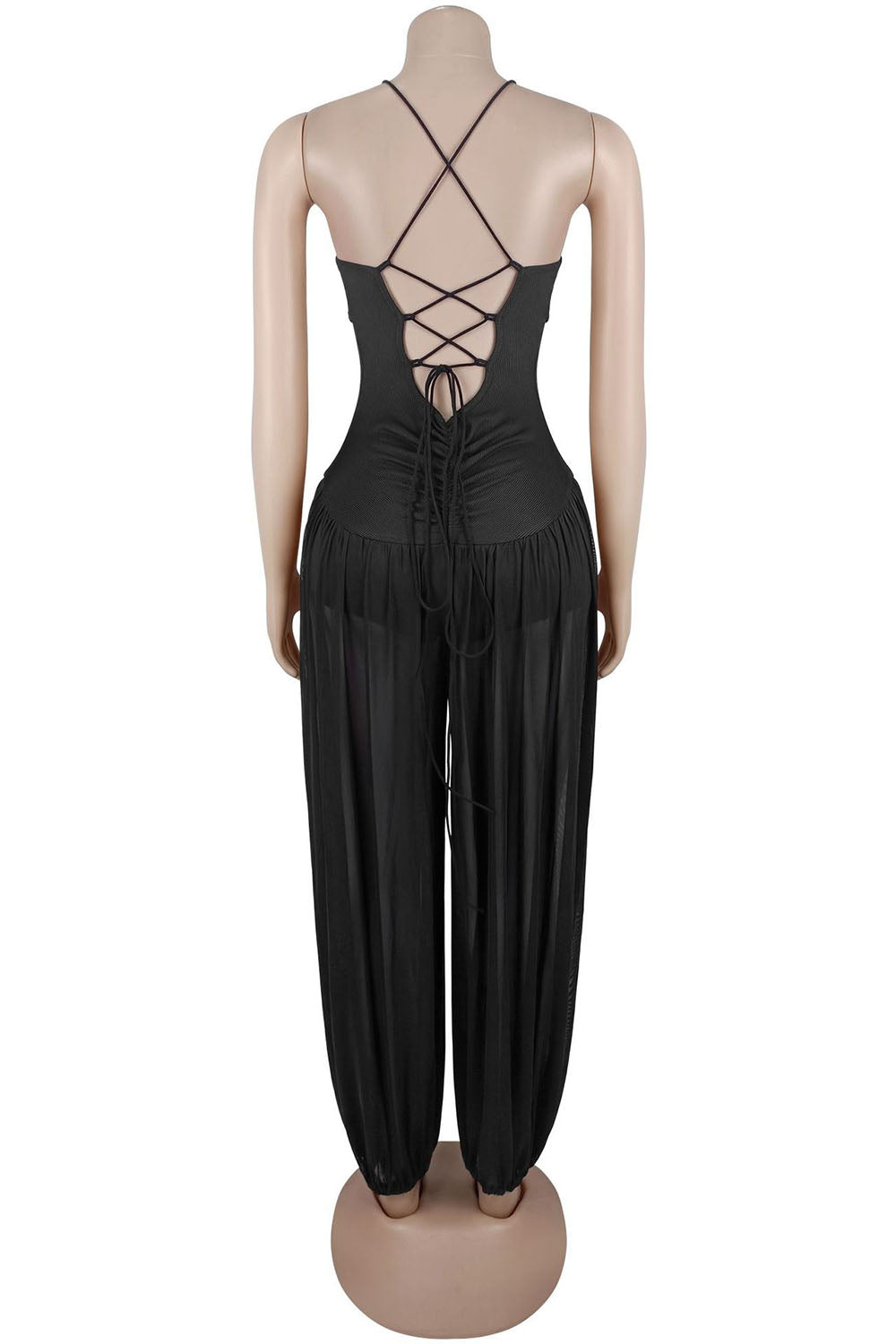 Cami V Neck See Through Mesh Backless Lace-Up Solid Wide Leg Jumpsuit-Black