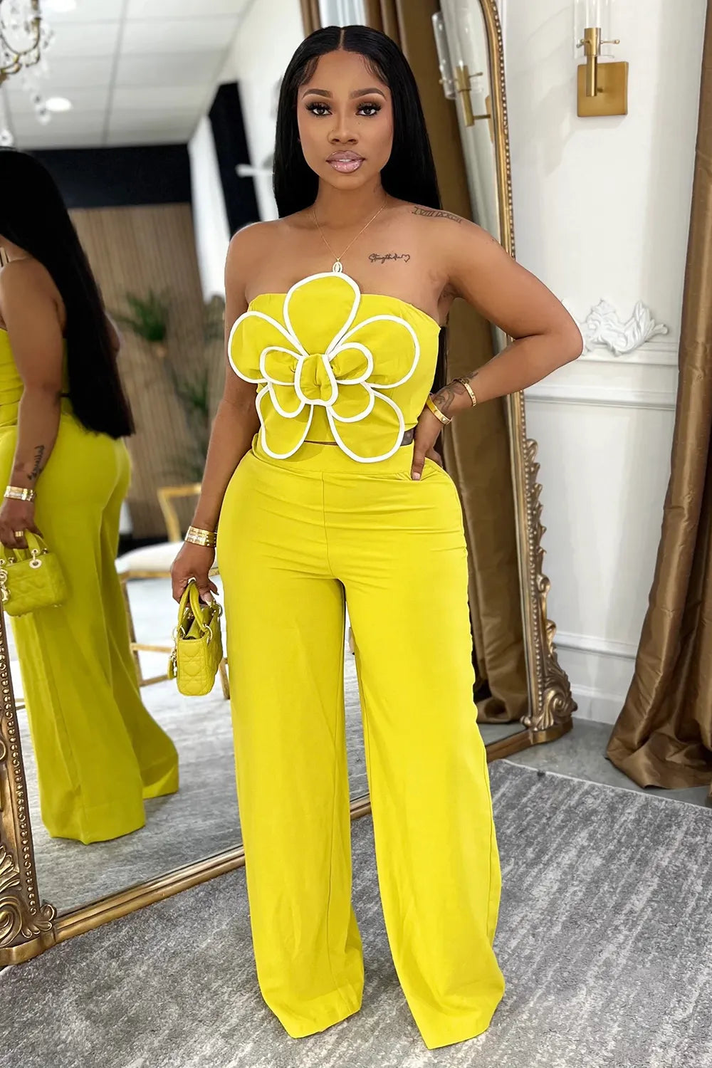 3D Floral Strapless Top Wide Leg Pants Casual 2pcs Set-Yellow
