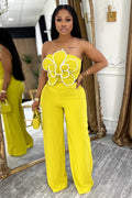 3D Floral Strapless Top Wide Leg Pants Casual 2pcs Set-Yellow