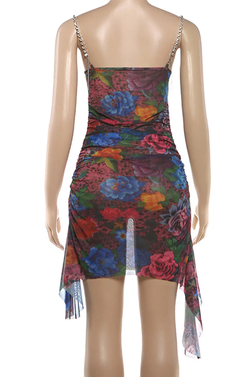 Chain Cami Neck Floral Ruched Sash Slim Fit Party Mini Dresses