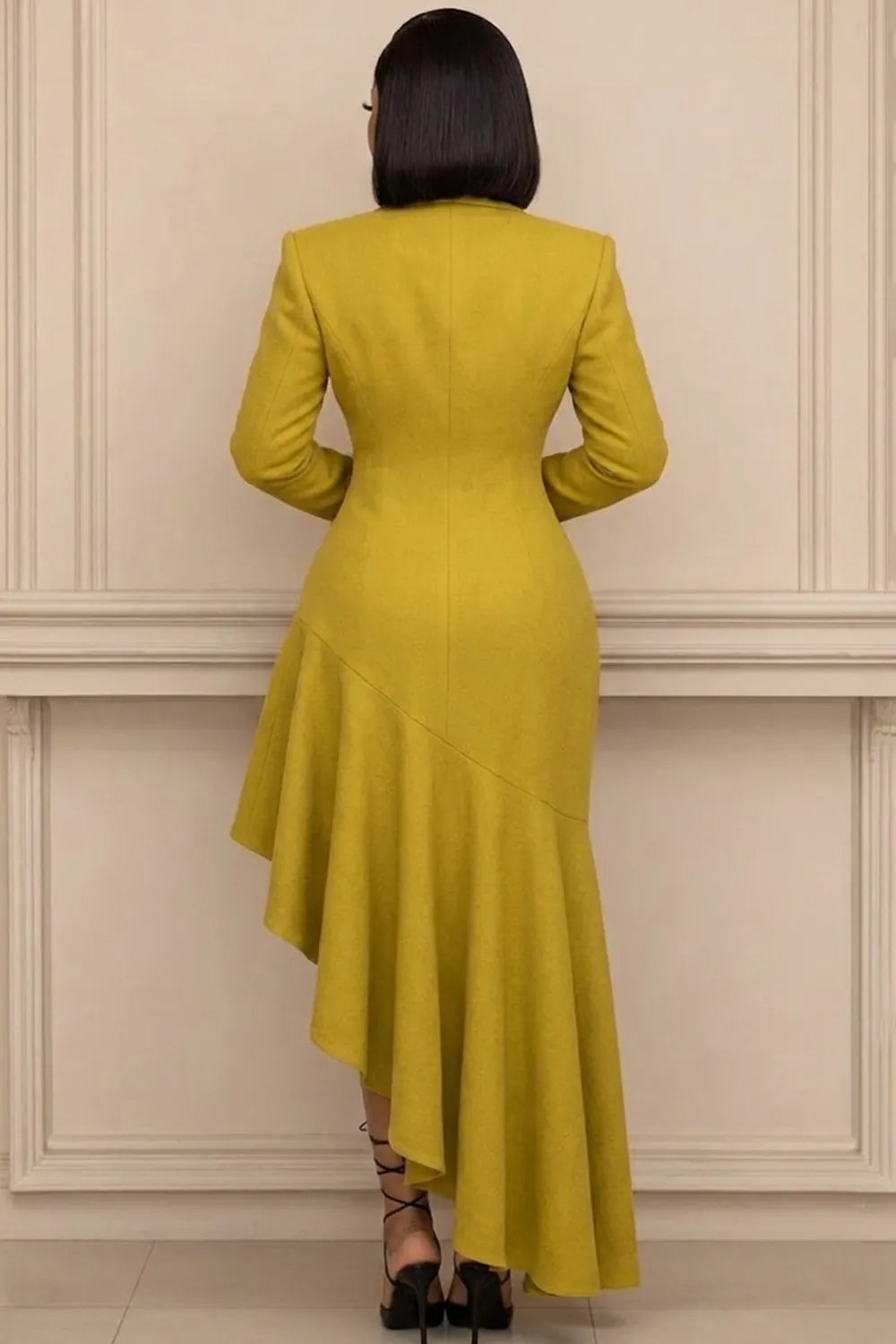 Notched Lapel Shoulder Pad Double-Breasted Midi Dresses-Yellow