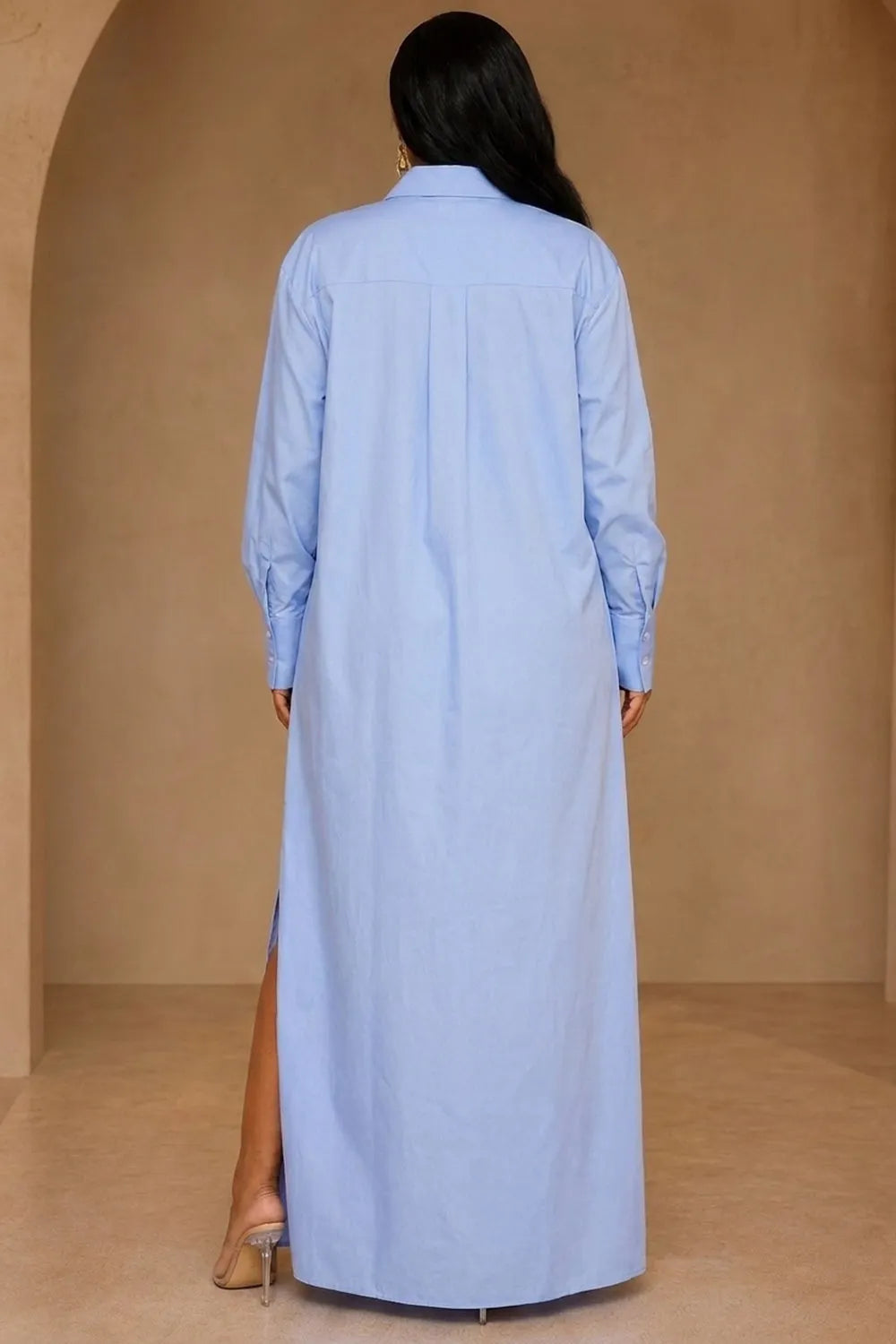 Turndown Collar Single Breasted Split Hem Loose Fit Maxi Shirt Dresses-Blue