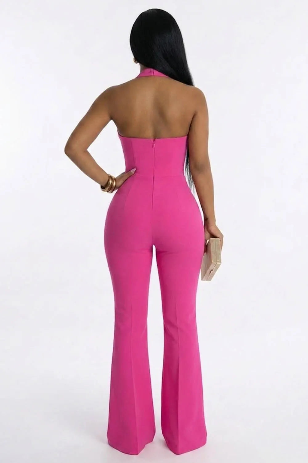 Single Breasted Halter Deep V Neck Backless Plain Flare Leg Jumpsuit-Yellow