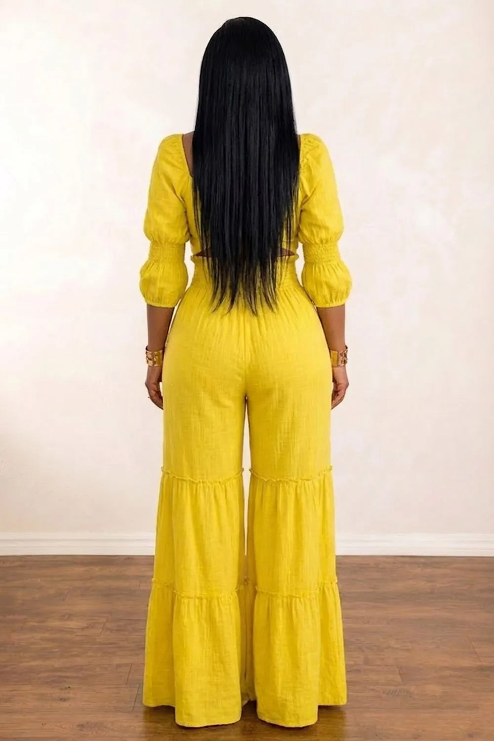 Puff Sleeve Smocking Crop Top Tiered Wide Leg Pants Vacation 2pcs Set-Yellow