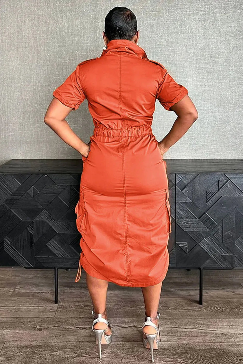 Stand Collar Zipper Drawstring Waist Pocket Midi Dresses-Green