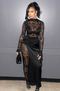 Mock Neck Bodycon Lace Jumpsuit Maxi Skirt Party 2pcs Set-Black