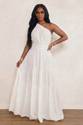 Solid Color One Shoulder Skew Neck Elastic Waist Tiered Maxi Dresses-White