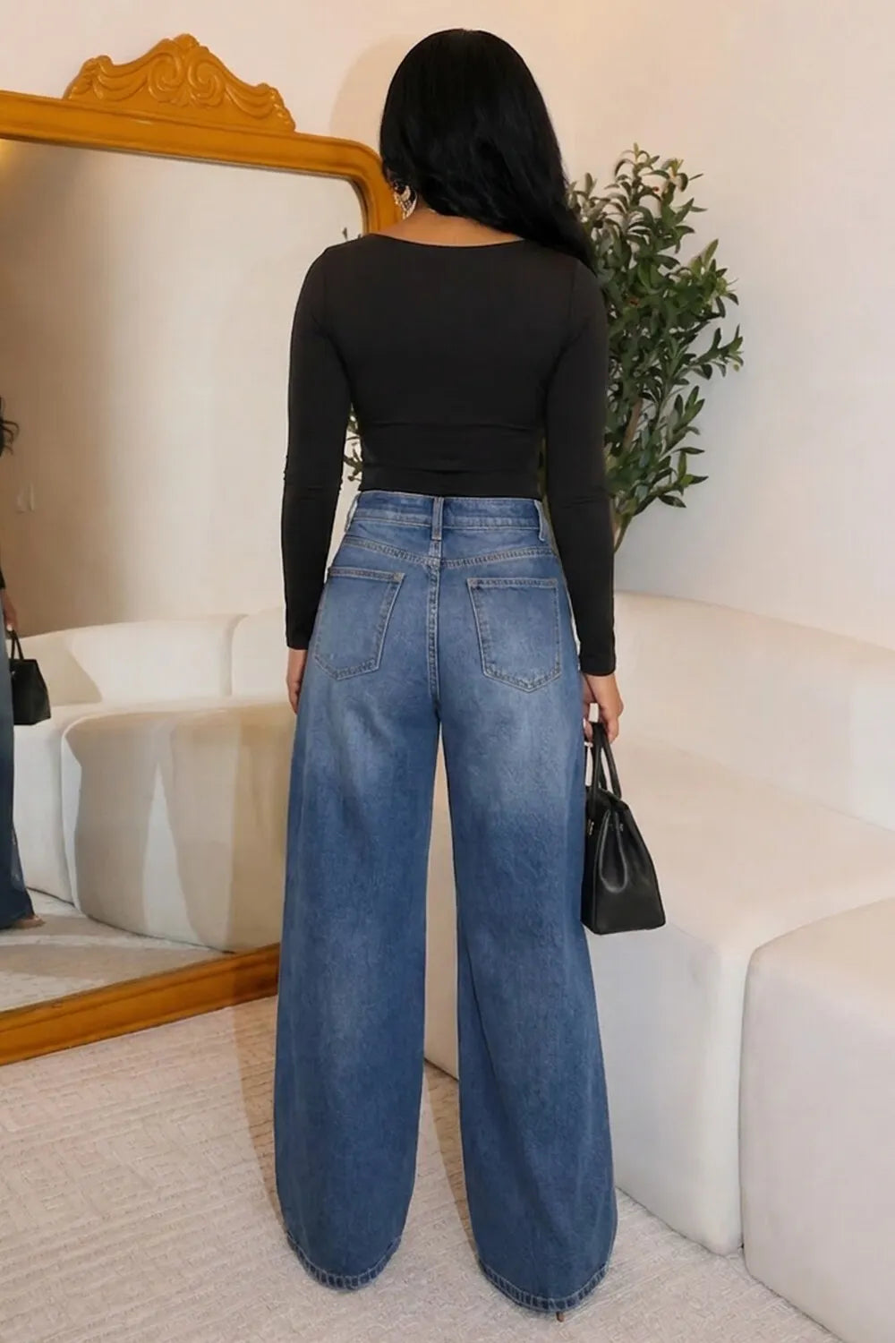Denim Metal Eyelet Hollow Out Loose Fit Wide Leg Casual Jeans-Blue