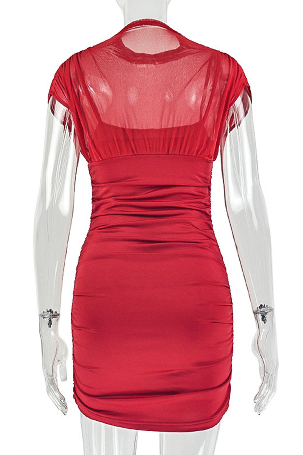 Solid Color Mock Neck Ruched Cap Sleeve Bodycon Party Mini Dresses-Red