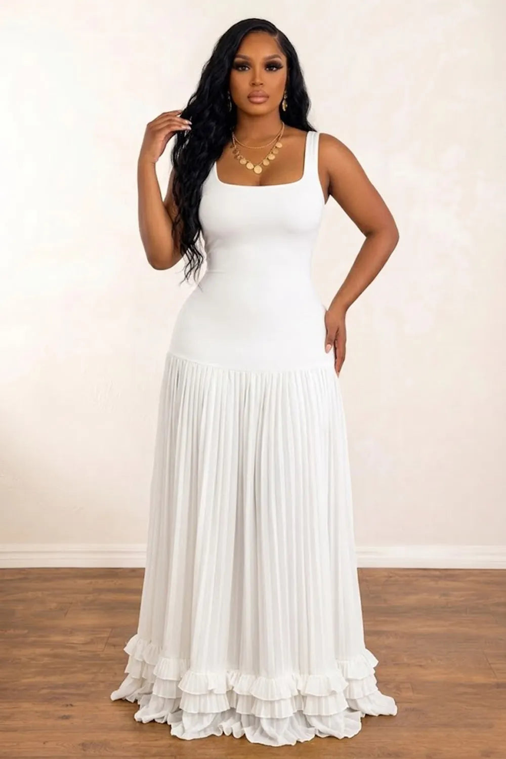 Wide Straps Square Neck Pleated Ruffle Hem Vacation Maxi Dresses-White