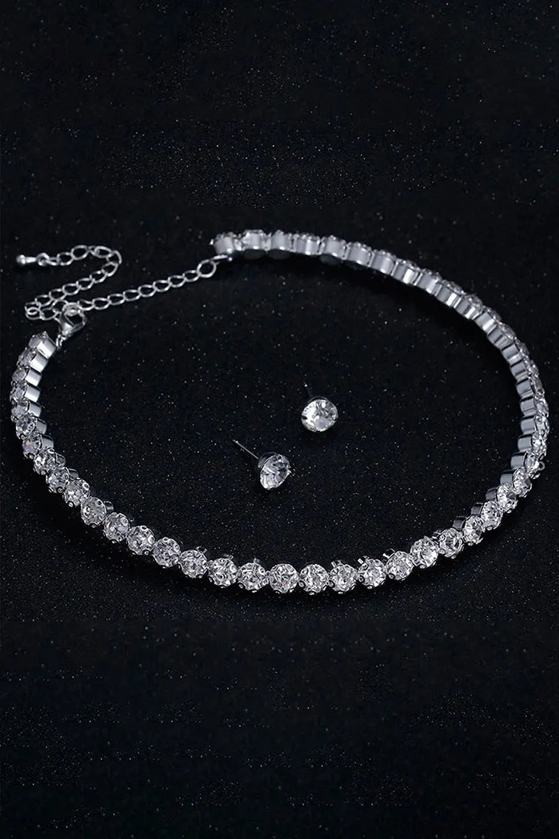 Shinning Rhinestone Necklace Bracelet Stud Earrings Three-Piece Set-Silver